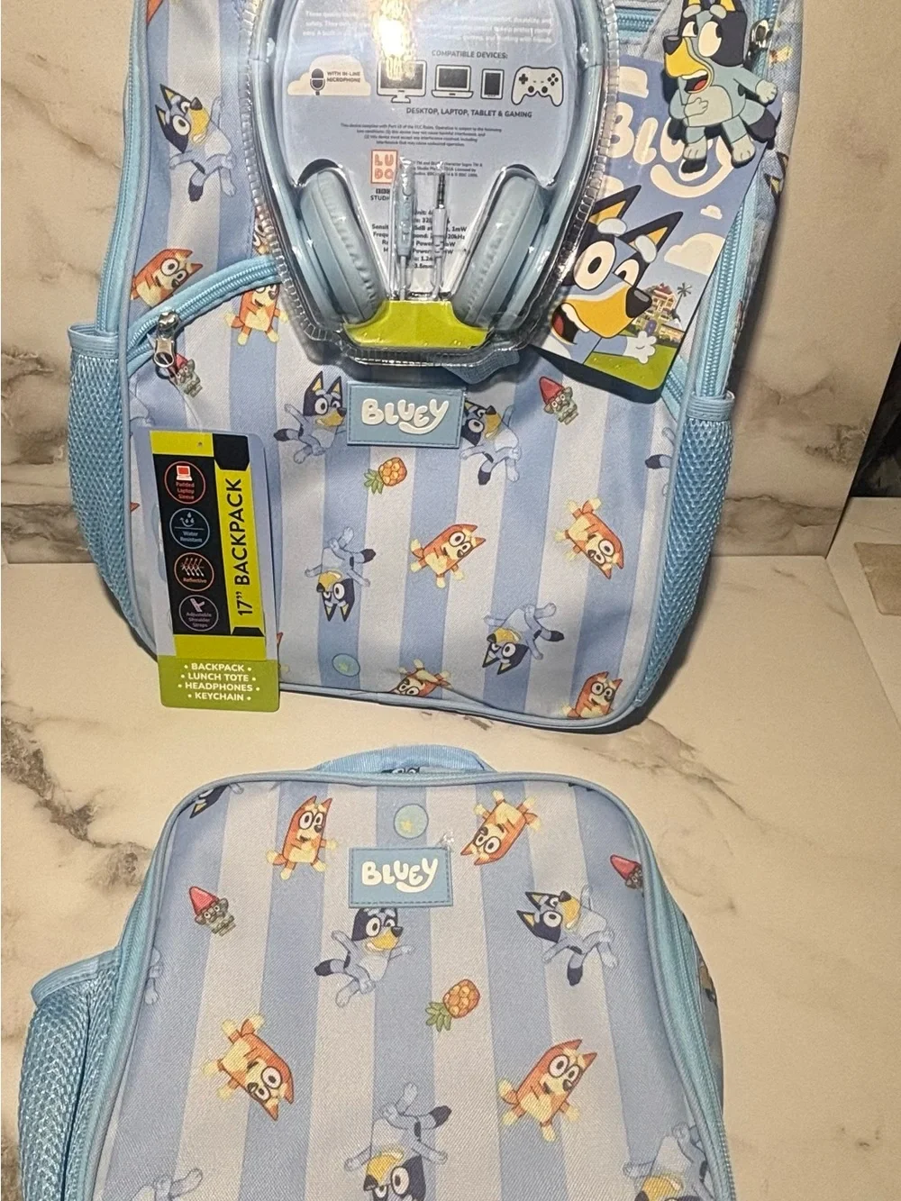 Bluey Unisex Striped Sister Dance Backpack Set with Lunch Bag and Headphones